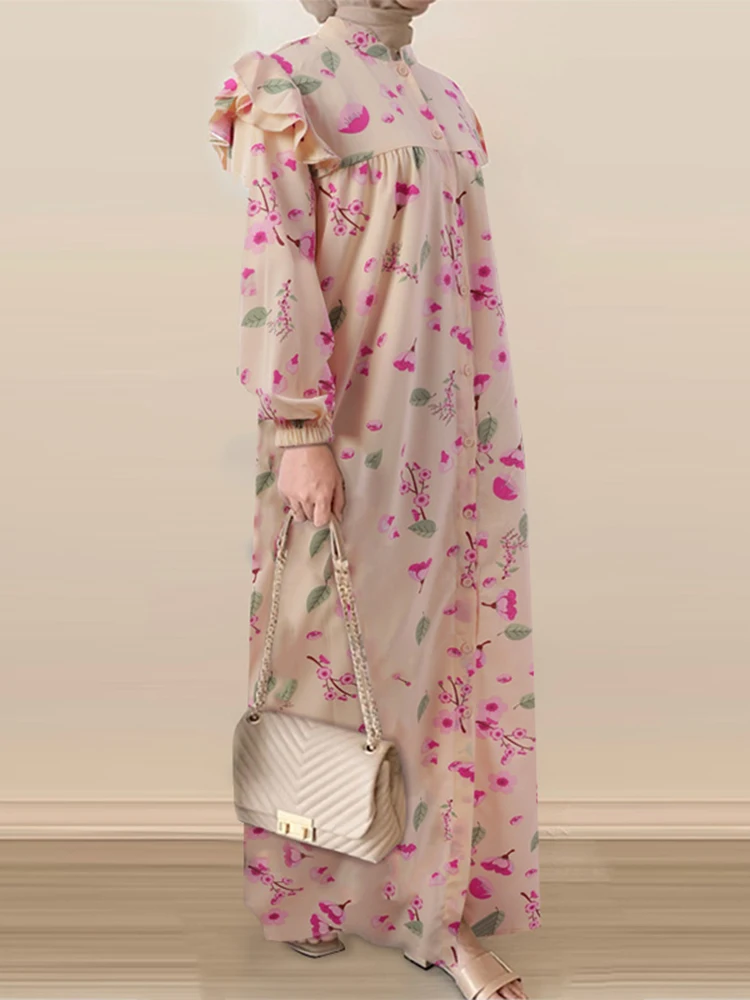 

ZANZEA Women Muslim Sundress Elegant Floral Printed Abaya Dress Vintage Dubai Turkey Ruffle Islamic Clothing Caftan Marocain