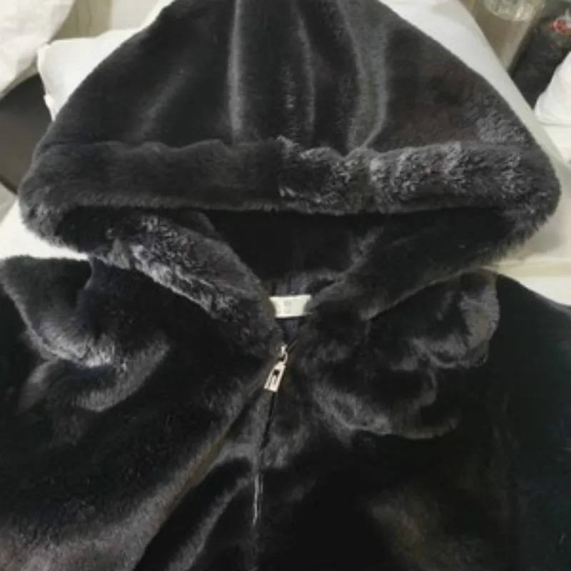 Women Fashion Faux Mink Coats 2021 Winter Casual Hooded Zipper Black Warm Jackets Plus Size Thick Faux Fur Overcoats Luxurious