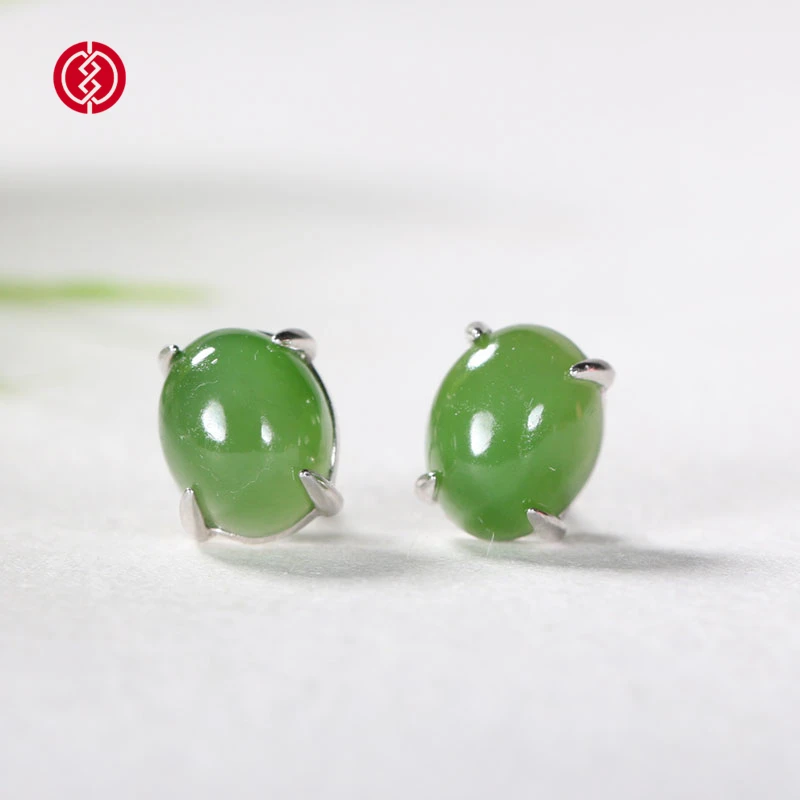 

Hotan jade silver inlaid jasper earrings Jewelry Green Jadeite Solid Silver Ear Stud Trendy Birthday Present Jade Earrings 3.0g