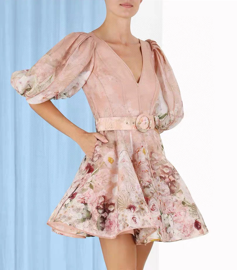 

High Quality Summer New Fresh Women's Dk V-neck Lantern Sleeve Tutu Skirt High Street Party Dress with Belt