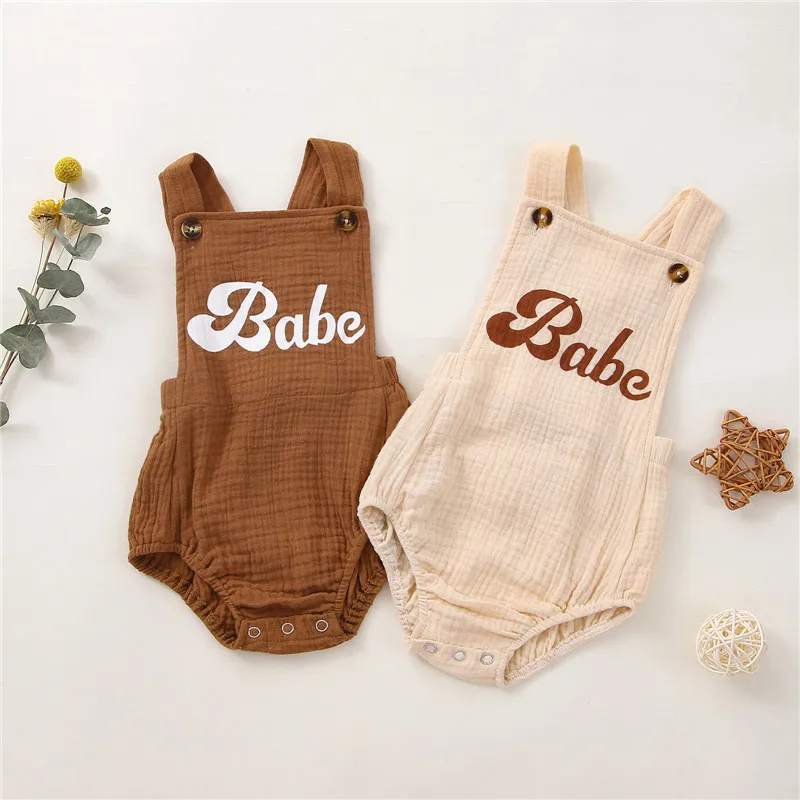 Newborn Kid Summer Rompers Baby Boy Girl Letter Print Cotton Linen Suspender Jumpsuits Playsuits Sunsuit Outfits Newborn Clothes