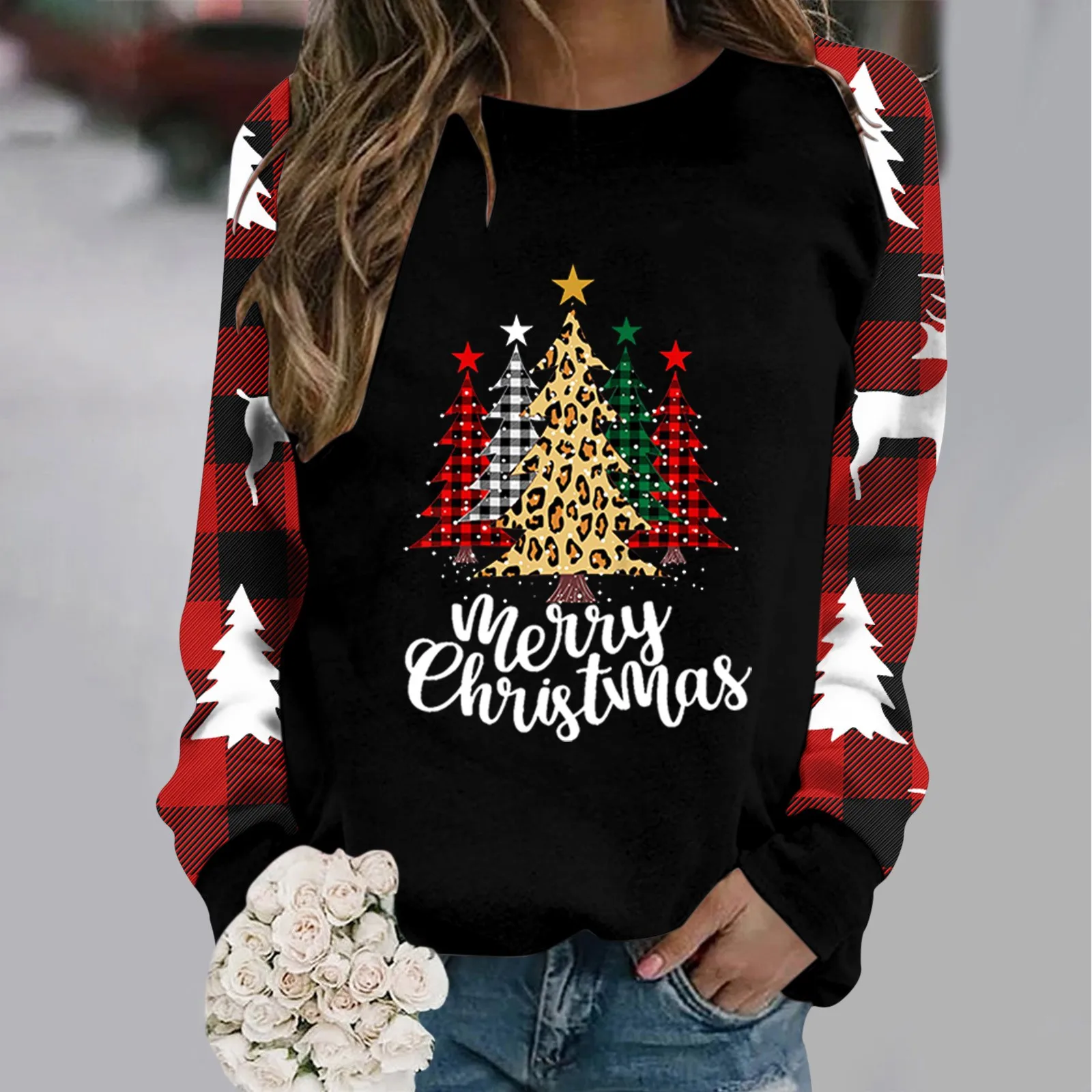 

Merry Christmas Sweatshirt 2023 Xmas Womens Long Sleeve Crew Neck Deer Letter Printed Hoodless Santa Xmas New Year Clothing