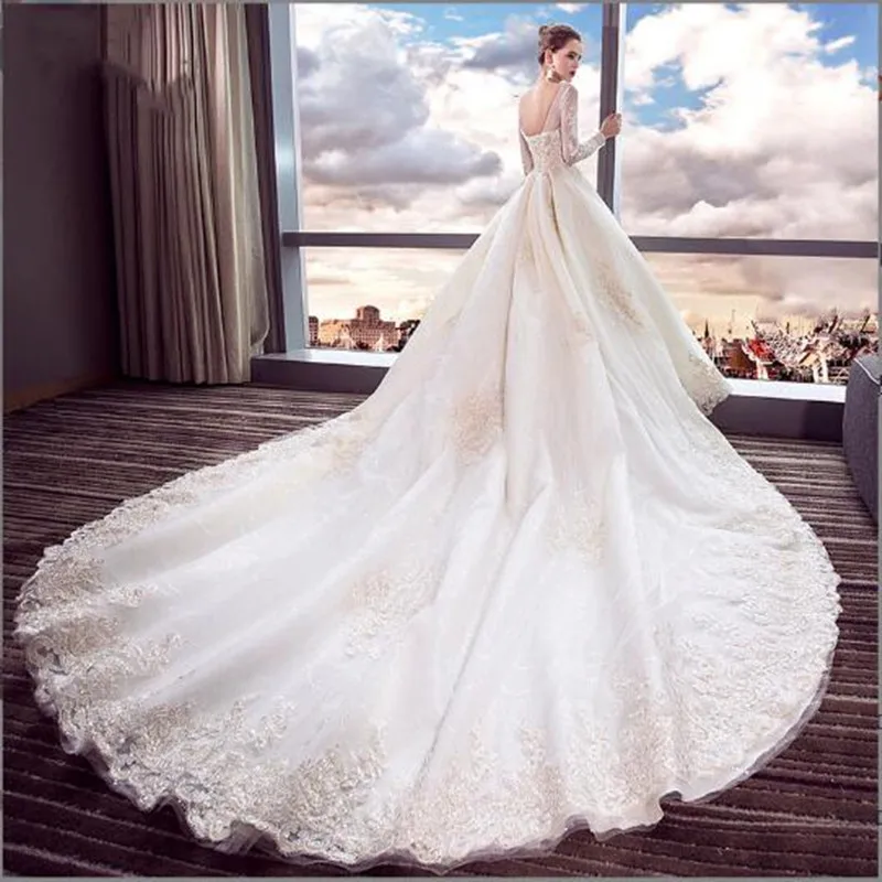 

Long Luxury Appliques Wedding Dresses Lace Full Sleeve Bridal Gown Exquisite High Quality Sequines Women's Vestido De Novia