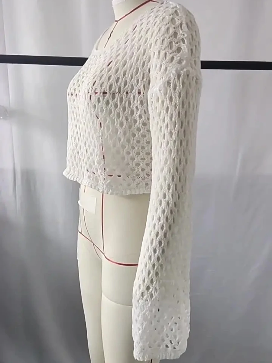 Женский трикотажный сетчатый свитер с дырками свободная тонкая короткая рубашка