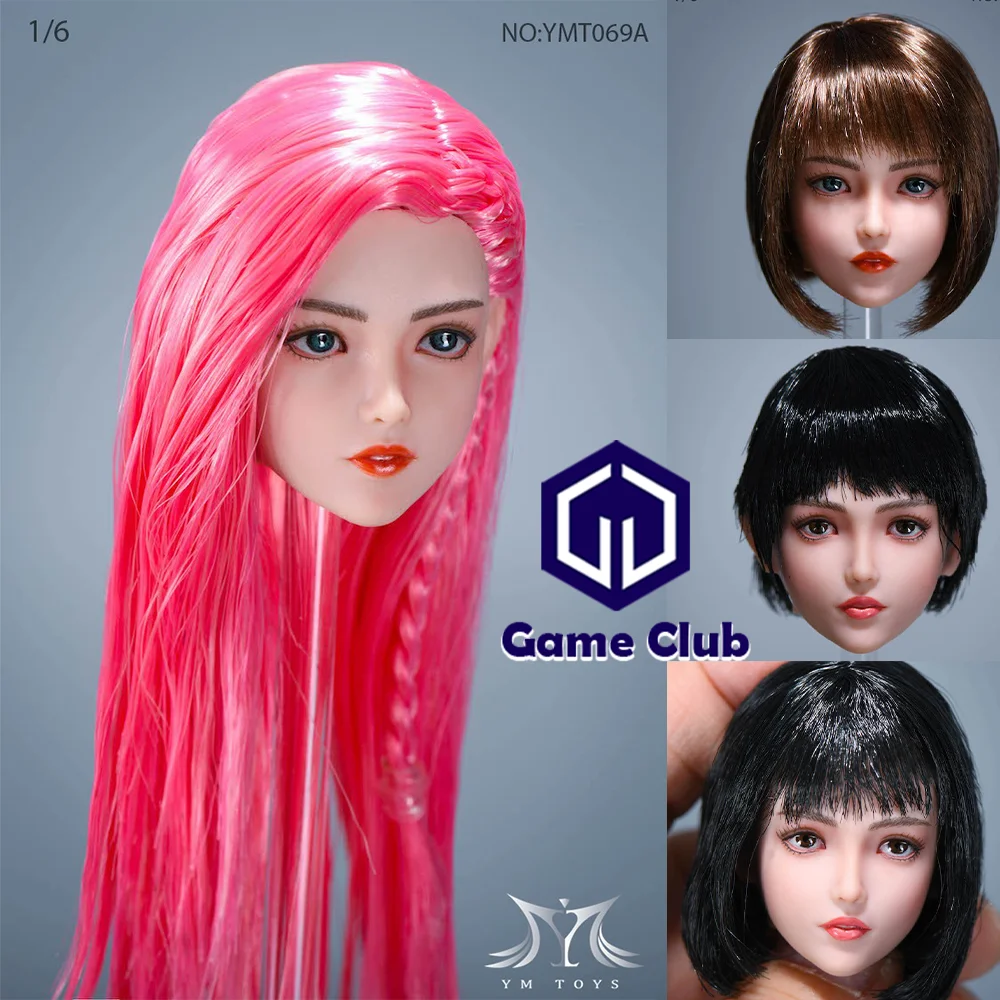 

YMTOYS YMT069 1/6 With Bangs Luoli Girl Head Carved Pink Hair Short Black Hair Model For 12”Female Soldier Action Figures Body