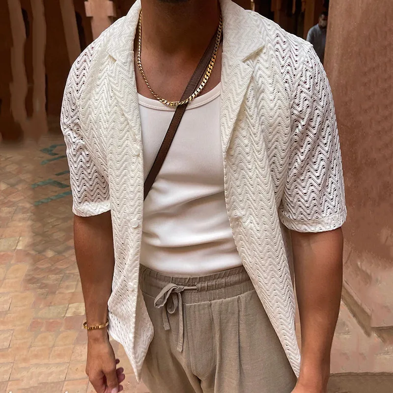 

Hollow 2023 Shirt Men Short Sleeve Lapel Out Leisure Clothes Knit Mens Button Spring Solid Summer Tops For Fashion Color Shirts