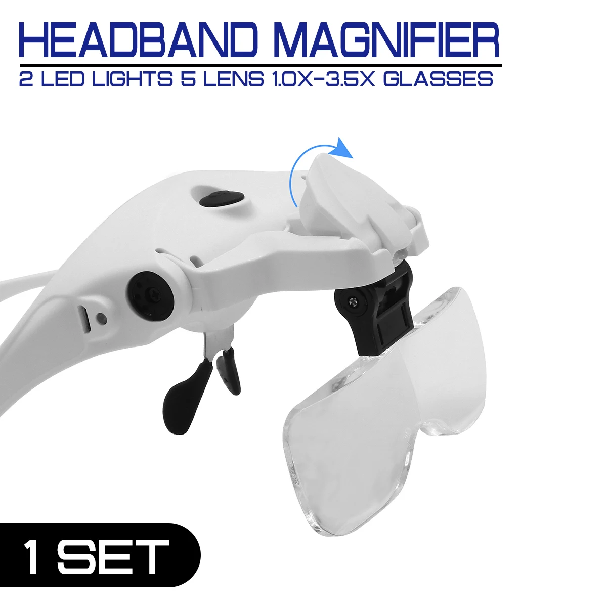 

Bracket Headband Magnifier Loupe 2 LED Lights 5 Lens 1.0X-3.5X Glasses and USB Charge Goggles