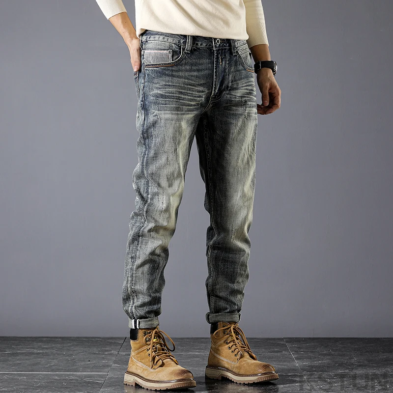 Мужские Стрейчевые джинсовые брюки облегающие для фитнеса в винтажном стиле