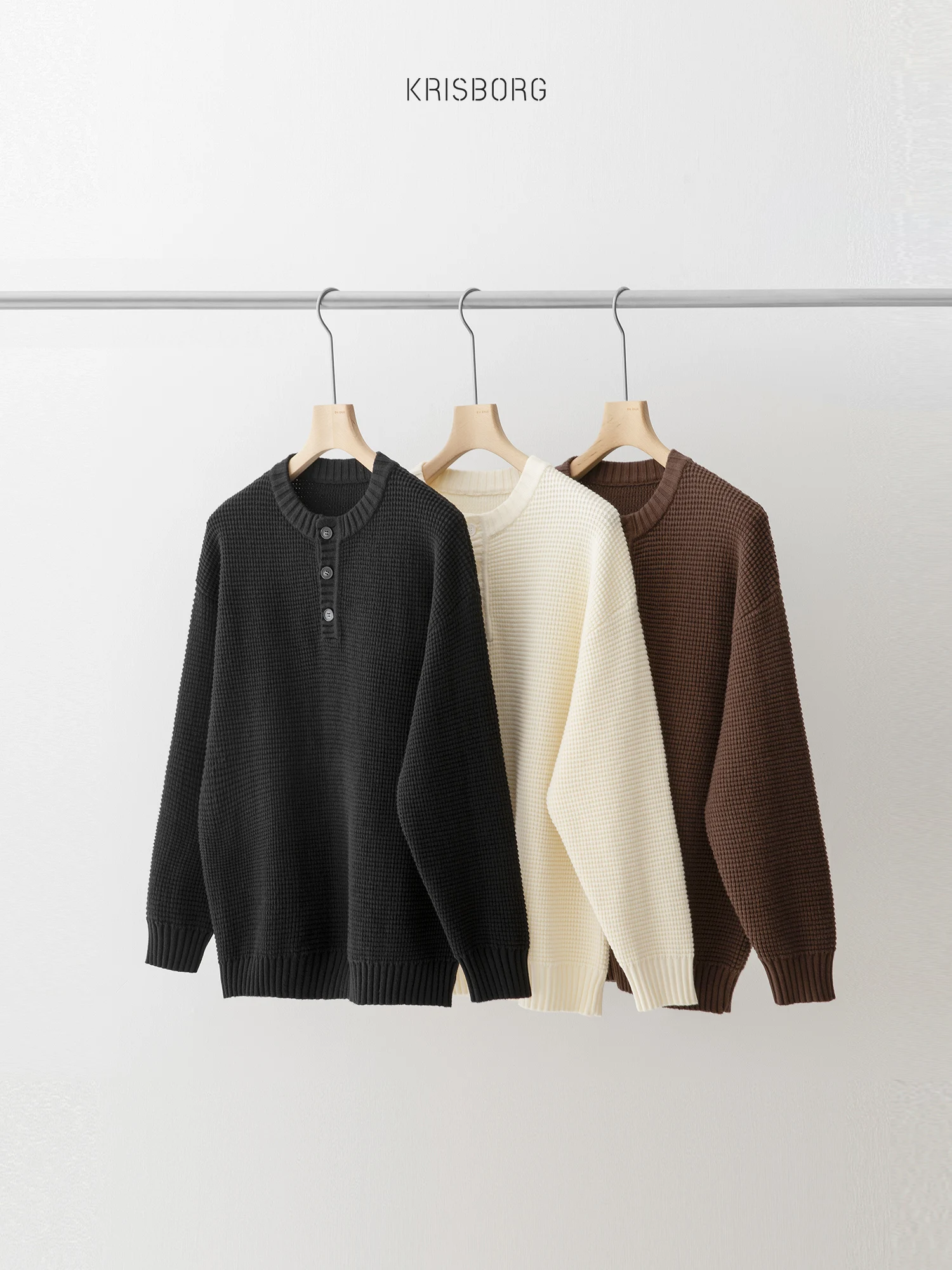 Waffle Sweater Men's Autumn and Winter Design round Neck Loose Casual All-matching Solid Knit