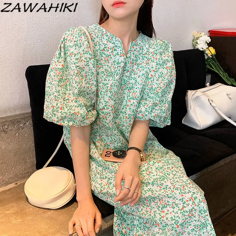 

ZAWAHIKI Short Puff Sleeve Flower Printing Sweet Dress Female V Neck Spring Summer New Ropa Mujer Straight Oversize Dresses
