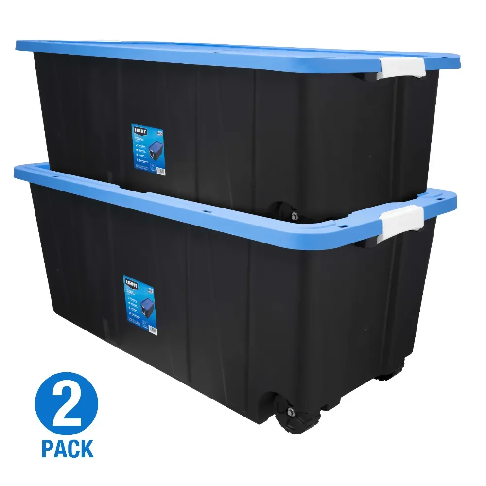 

50 Gallon Rolling Plastic Storage Bin Container with Pull Handle, Black with Blue Lid, Set of 2