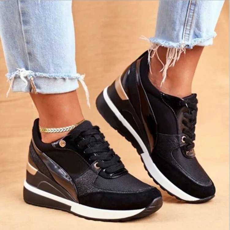 

Wedge Sneakers for Women Mixed Color Mesh Breathable Lace-up Hidden High Heel Lightweight Walking Shoes Outdoor
