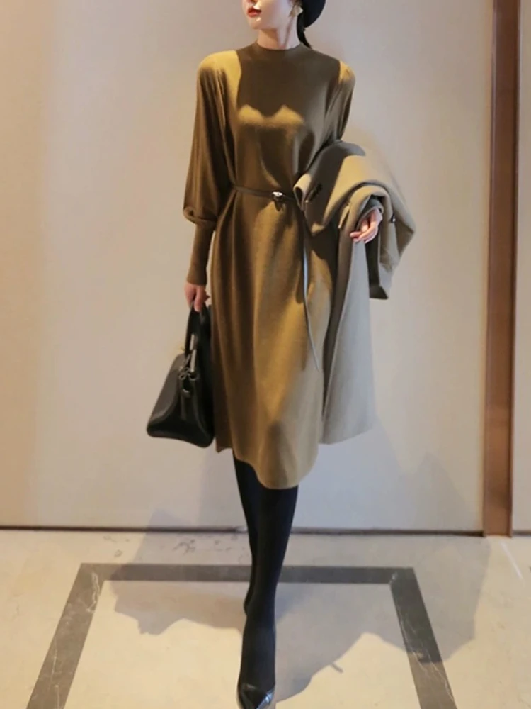 

Женское трикотажное платье с поясом, однотонное элегантное платье с высоким воротником в Корейском стиле, модель 2023 на осень и зиму