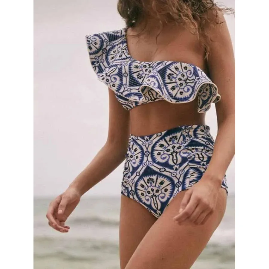 

2023 One-Shoulder Ruffled Printed Bikini Top and High-rise Bikini Briefs In Blue Bathing Suit Women