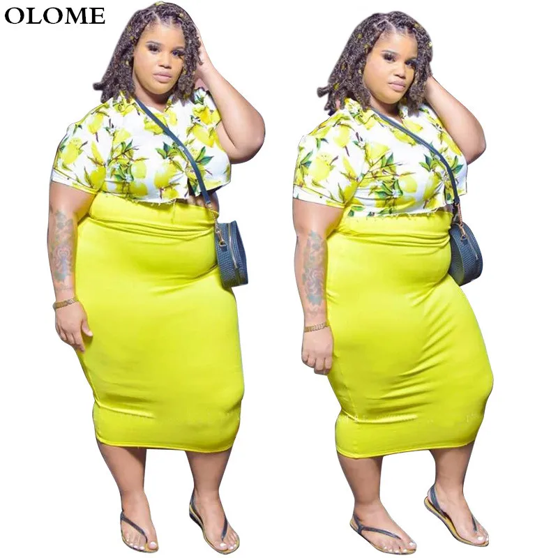

Elegant Women Two Pieces Skirt Suit 4XL Printing Short Sleeves Shirt Bodycon Skirt Beach Holidays Lady Set