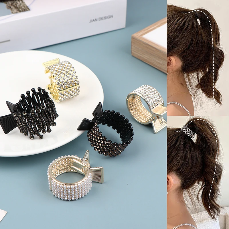 

Pearl Rhinestone Hair Claws Girl High Ponytail Clip Fixed Hairpin Claw Clip Horsetail Claw Fixing Artifact Accessories Headwear