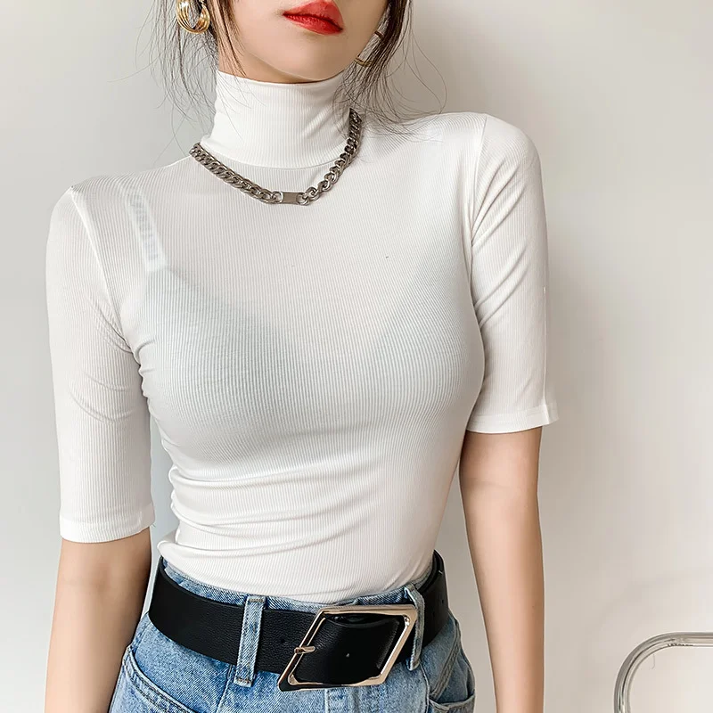 

2023 Summer New Half Sleeve High Neck Underlay Shirt with Middle Sleeve Body T-shirt top Threaded Short Sleeve T-shirt for Women