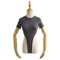 jumpsuit women summer retro round neck slim outer wear high waist hollow solid color short sleeve t shirt top
