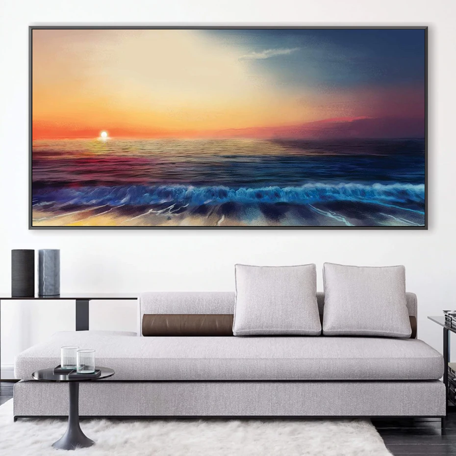 

Landscape Seaside Sunset Art Canvas Oil Painting Modern Home Sofa Corridor Wall Decor Waves Skyline for Living Room Decoration
