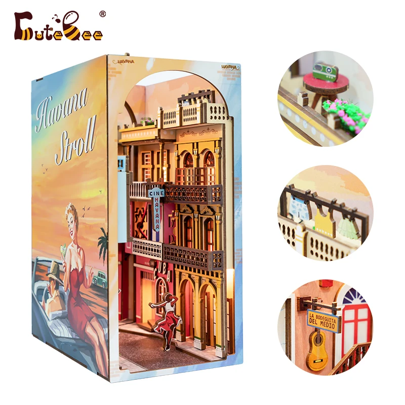 

CUTEBEE DIY Book Nook Shelf Insert DIY Miniature House Kit with Furniture Light 3D Bookend Havana Stroll Puzzle Kits for Adults