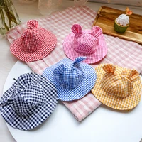 pastoral style plaid cat hat cute ears sunshade cap for dogs summer pet headwear unisex outdoor hats chihuahua dogs accessories