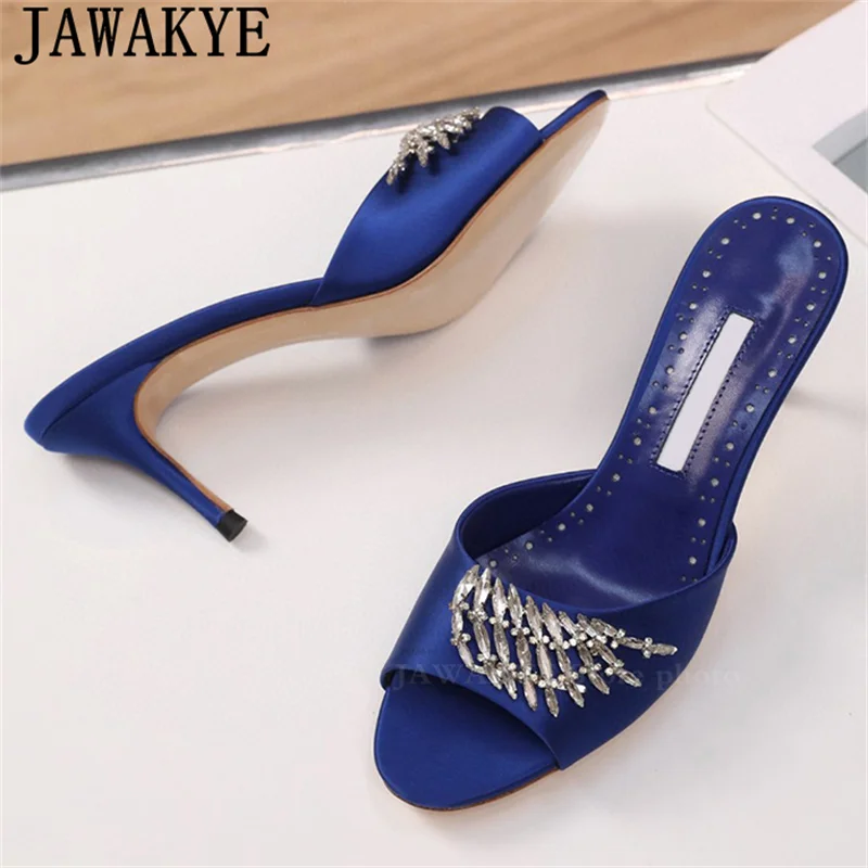 Шлепанцы женские атласные на тонком высоком каблуке роскошные дизайнерские мюли