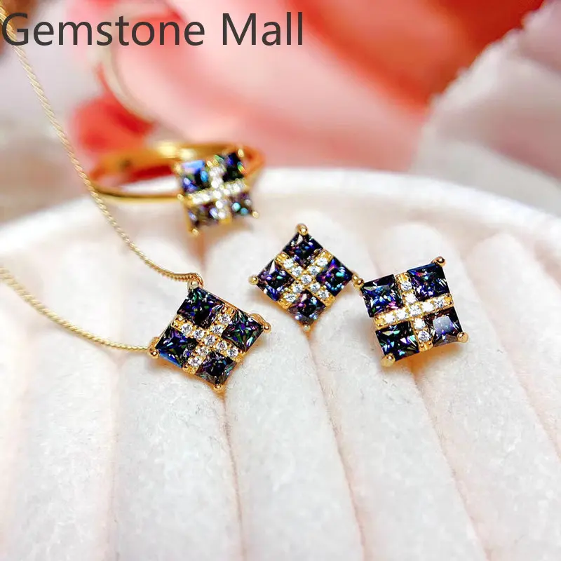 Серьги и кольцо из муассанита 3 мм с золотым покрытием