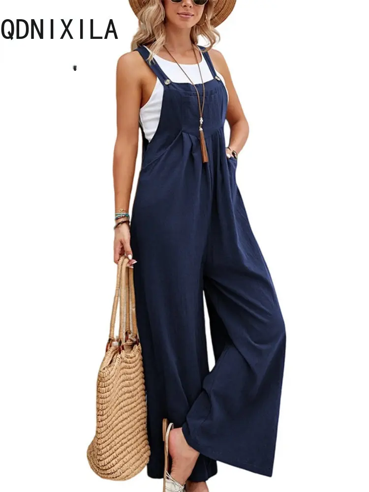 

Женский Длинный комбинезон с карманами, элегантный повседневный комбинезон большого размера на подтяжках, комбинезон из хлопка с широкими штанинами для весны и лета, 2023