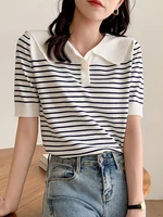 black white striped tshirt for women loose short sleeve knitted t shirt korean fashion casual tee shirt femme summer 2022 tops
