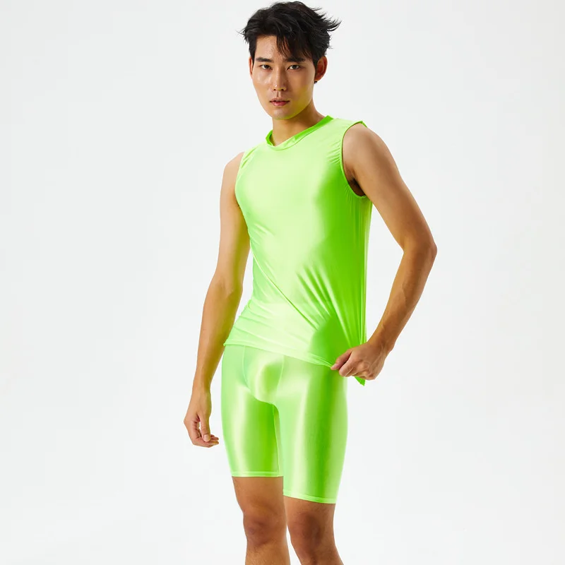 Men's glossy 2 pieces set Sexy silky transparent suit shorts +vest body-building underwear underpants