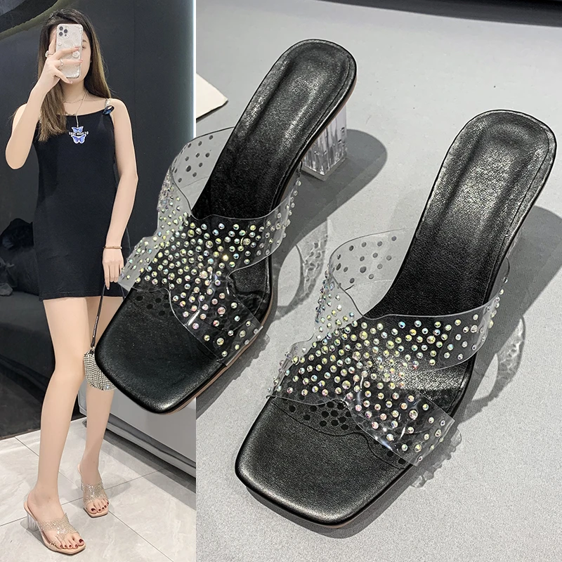 

2022 Women Open Toe Slides White 7cm High Heels Crystal Mules Summer Sandals Bling Rhinestone Transparent Slippers Prom Shoes