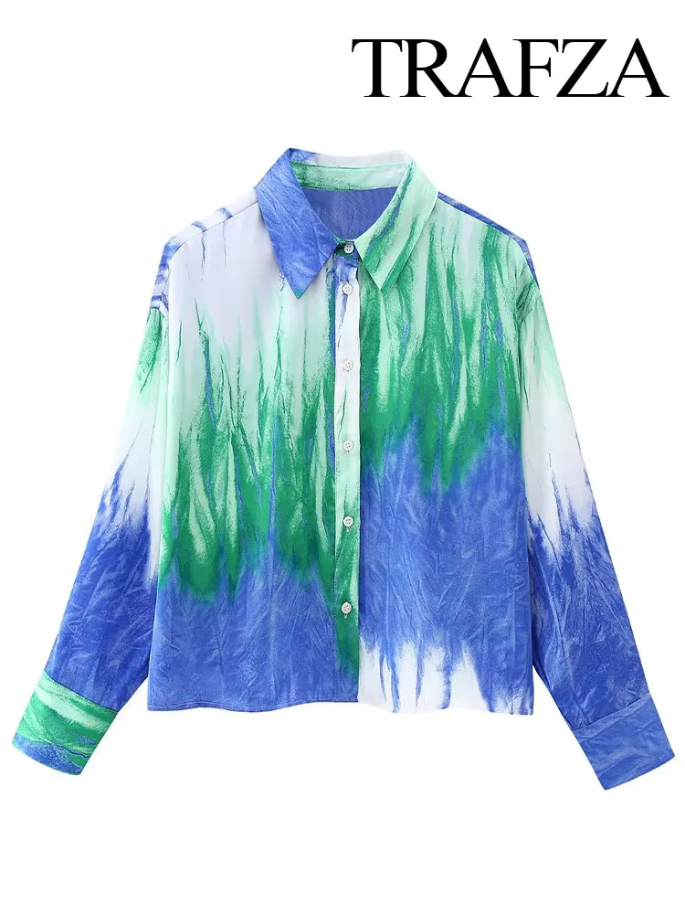 

TRAFZA Women Fashion Vintage Color Matching Tie Dyed Print Casual Kimono Smock Blouse Office Lady Chic Buttons Shirts Blusas Top