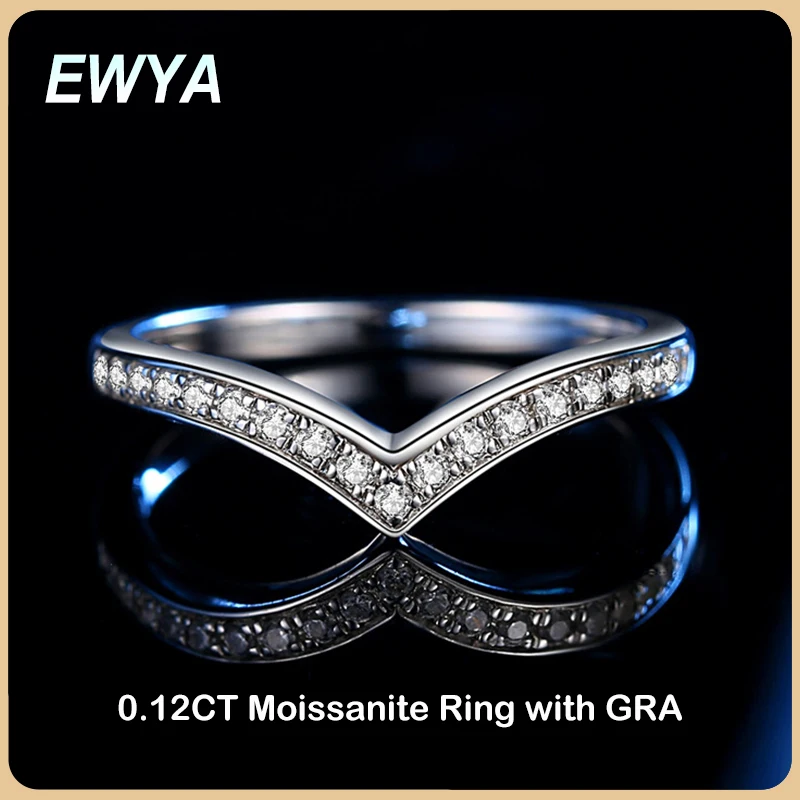 

EWYA New In 0.14CT Half Enternity Moissanite Ring With GRA For Women Girl Lady Diamond 925 Sterling Silver Rings Wedding Band