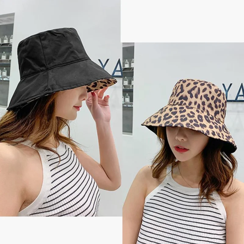 

Women Leopard Print Bucket Hats Foldable Women Men Beach Flat Top Sun Fishing Hat High Quality Flat Panama Hat