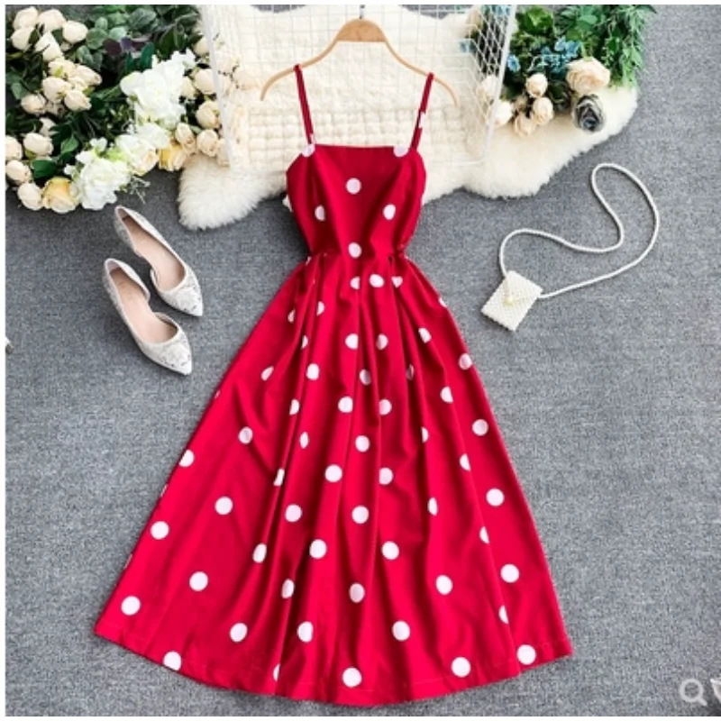 

Летнее Новое повседневное красное платье в горошек Fastfashiongo, ретро-топ с открытой спиной, без рукавов, облегающая юбка средней длины для женщин