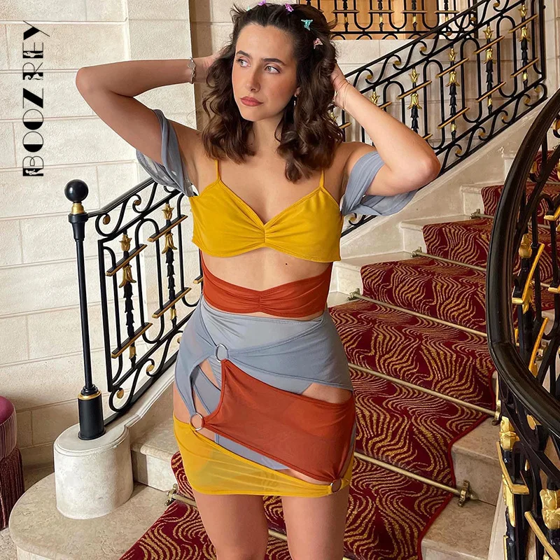 

BoozRey Mesh Contrast Color Irregular Splicing Spaghetti Strap Dress for Women Summer Sexy See Through Hollow Low Cut Mini Dress