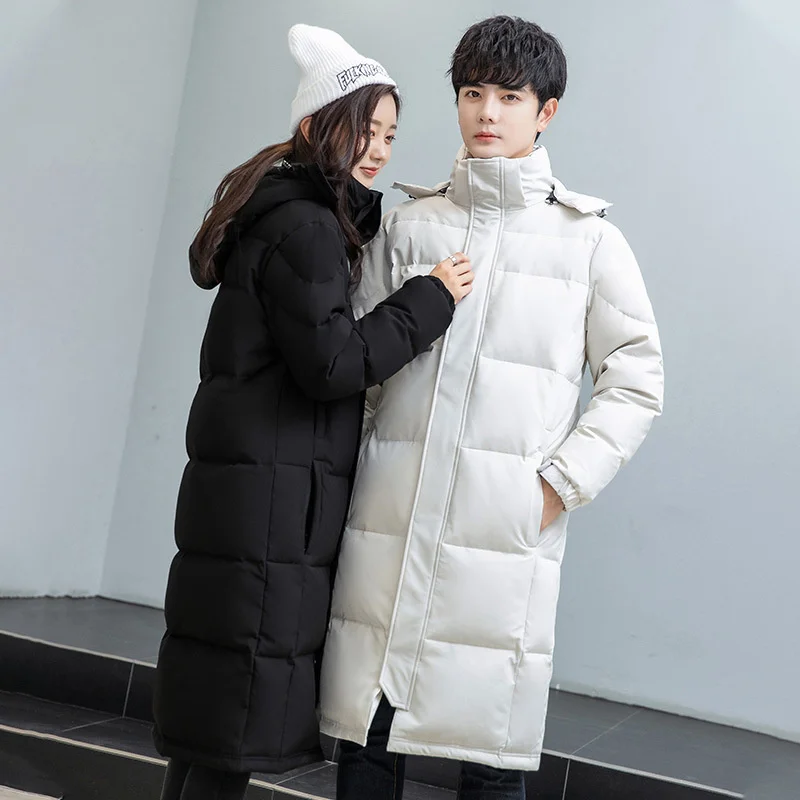 Winter Couple Autumn Duck Hooded Collar Thick Warm Windproof Long Coat Men Black White Down Jacket Women