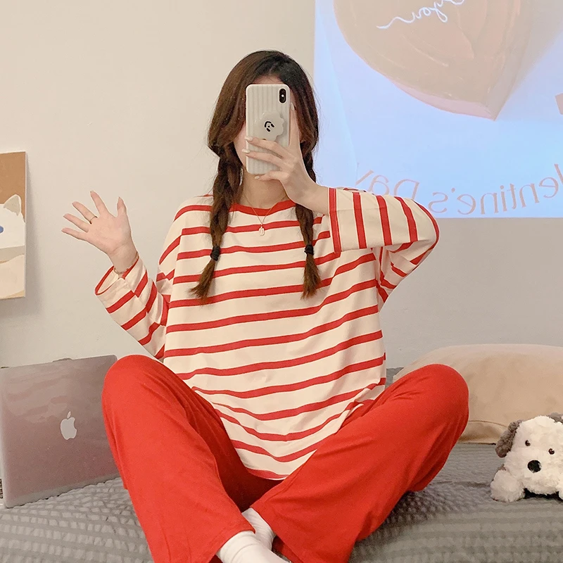 CAIYIER Winter Korean Sleepwear O-Neck Black Stripe Nightwear Casual Chic Winter Pajama Set Long Sleeve Trousers Kawaii Homewear