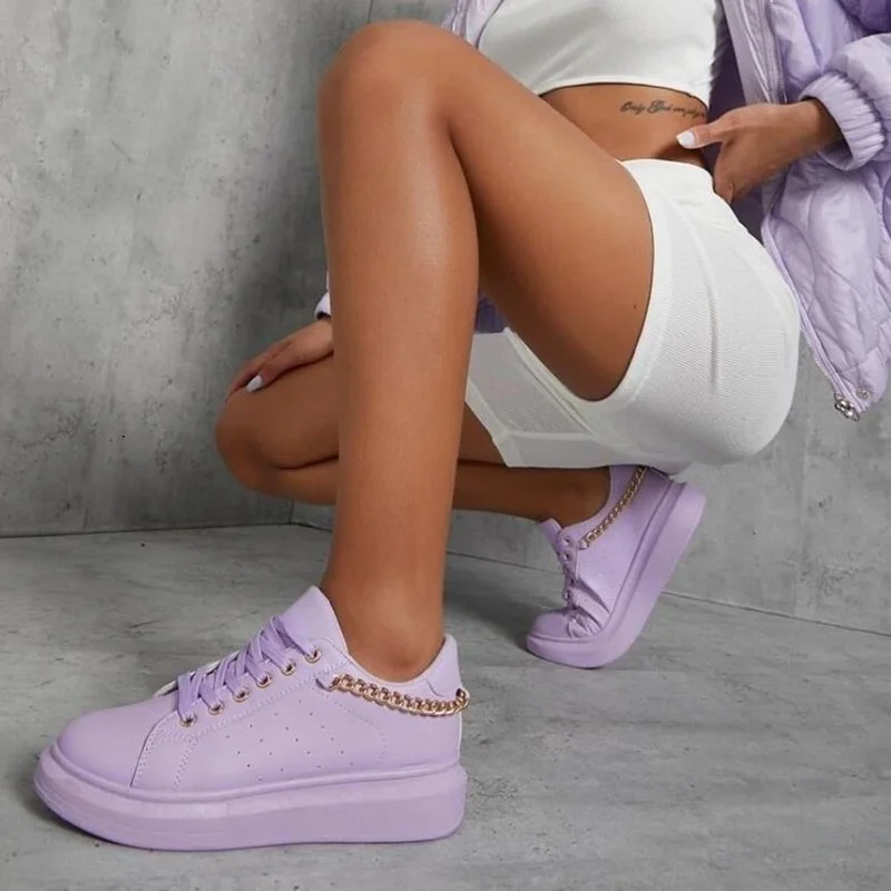 

Ladies Chain Leather Panel Shoes Large Size Flat Women's Shoes Lace-up Solid Color Casual Shoes 41-43 Shoes for Women Sneakers