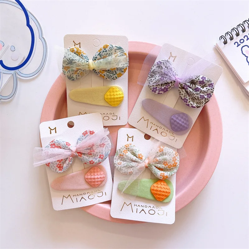 

New Korean Tie with Broken Flower Bow Fabric Button BB Clip Spring Hairpin for Children's Fashion Hair Accessories