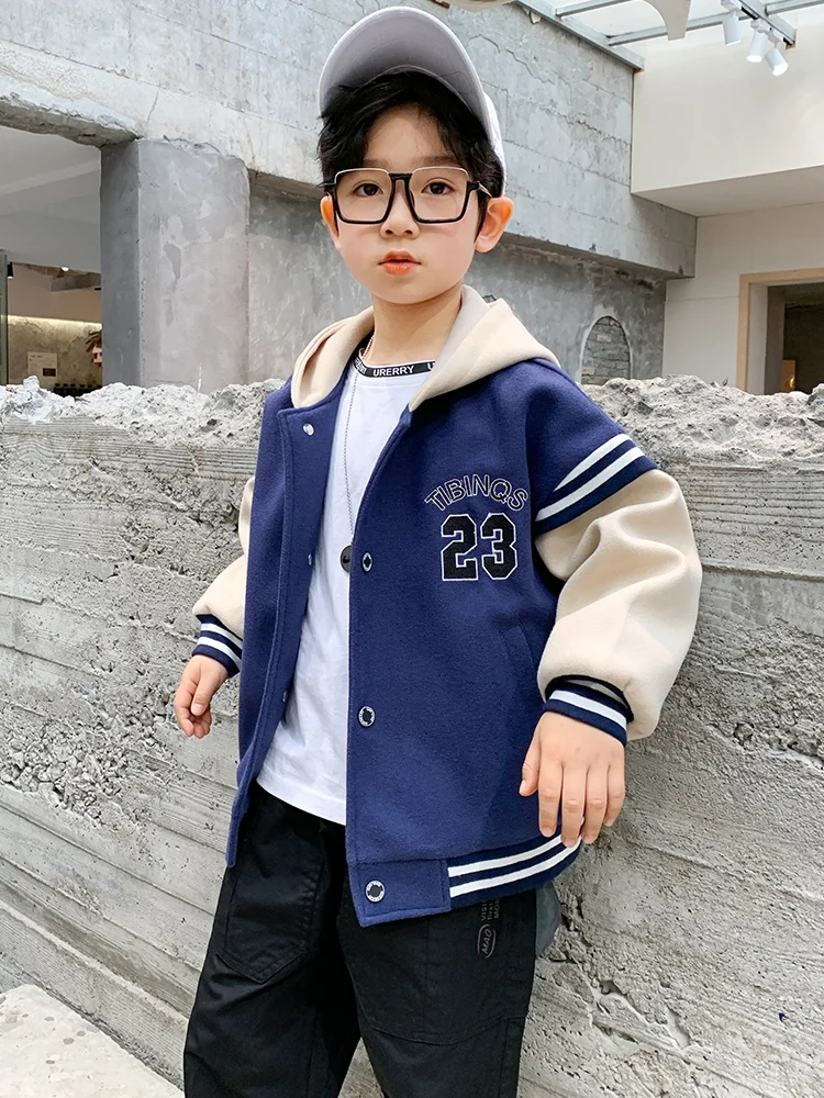 

Boy's Spring Coat 2022 New Autumn Kids Baseball Uniform Outerwear For Children Western Style Top Teenagers Hooded Spliced Jacket
