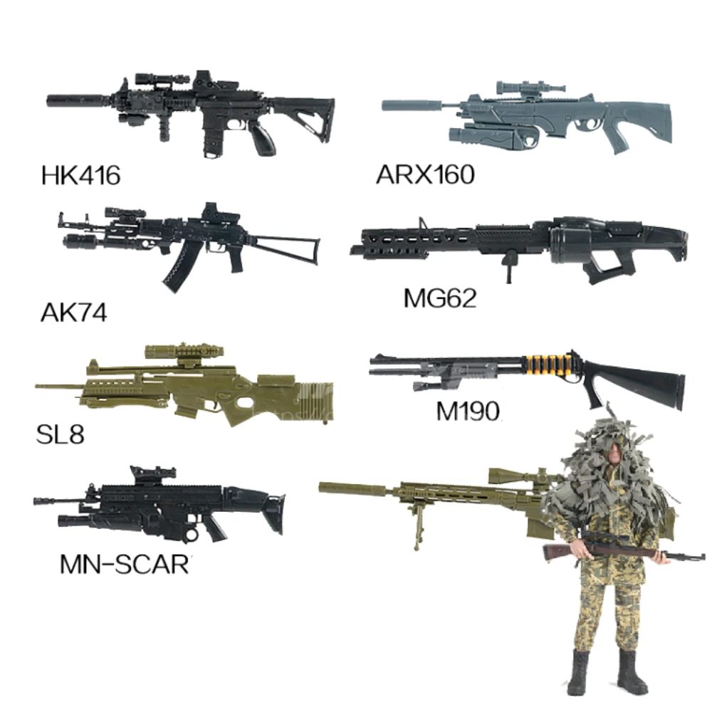 

1/6 Guns Model Set Plastic Scale Puzzle Building Blocks Assembly Constructor Sniper Rifle AK74 HK416 WW2 Soldiers Weapons Toys