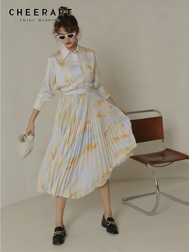

CHEERART Autumn Tie Dye Long Sleeve Shirt Women Top And Blouse Printed Button Up High Low Designer Shirt Fall 2020 Clothing