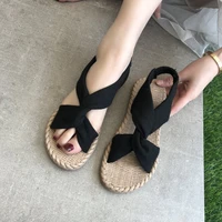ladies linen sandals flat straw sandals cross wear out fashion solid color summer roman style the new women sandals