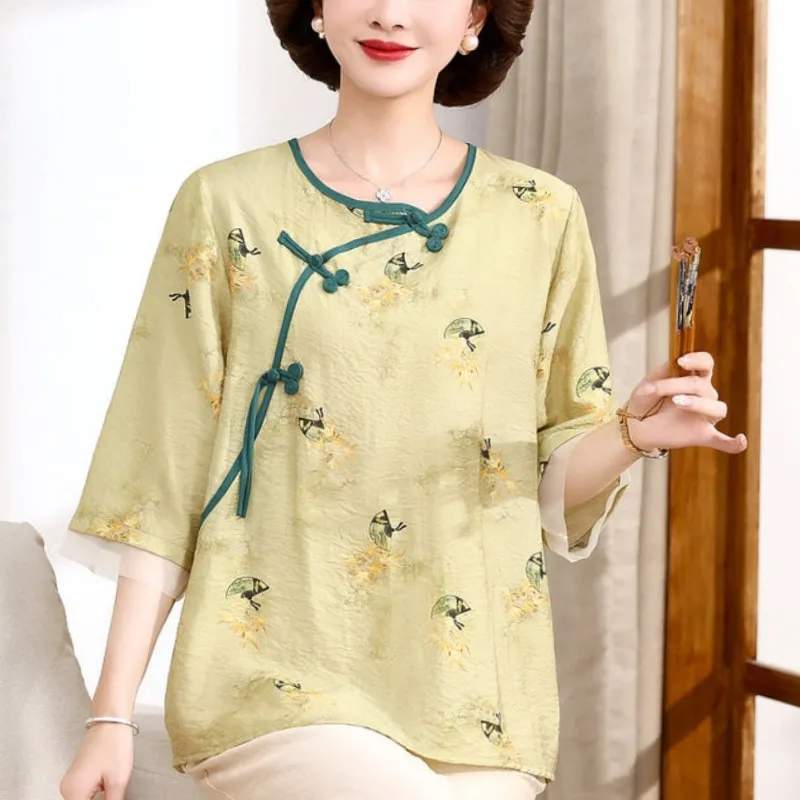 Женская свободная рубашка в китайском стиле Элегантная блузка с круглым вырезом