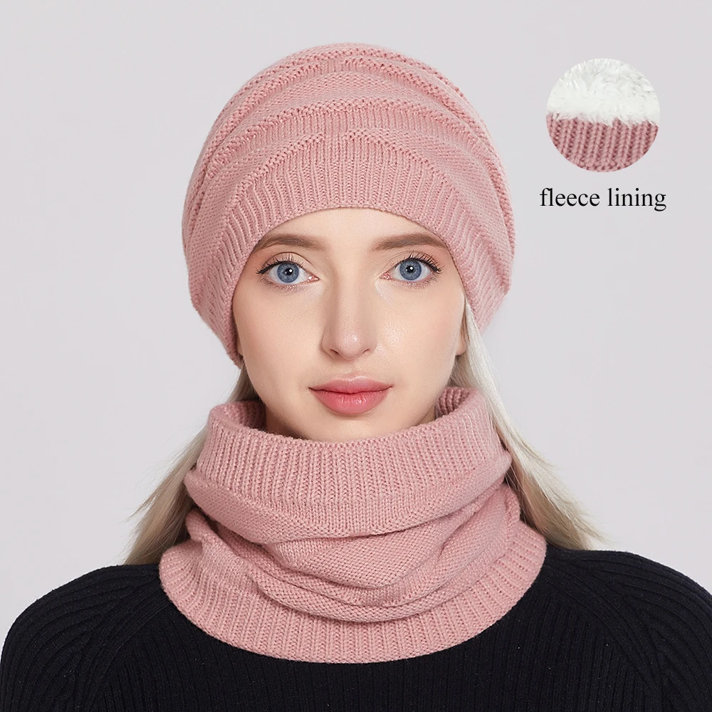 Winter Unisex Knit Slouchy Hat Scarf Set  Skullies Beanies For Women and Men With Warm Fleece Lining