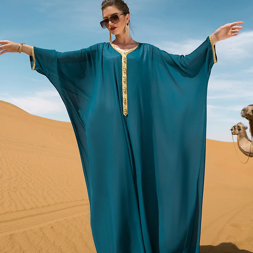 Летнее Исламское Мусульманское Абая Благородный Синий Летучая Мышь Открытое Абая Женское Шифоновое Платье Дубай Кафтан