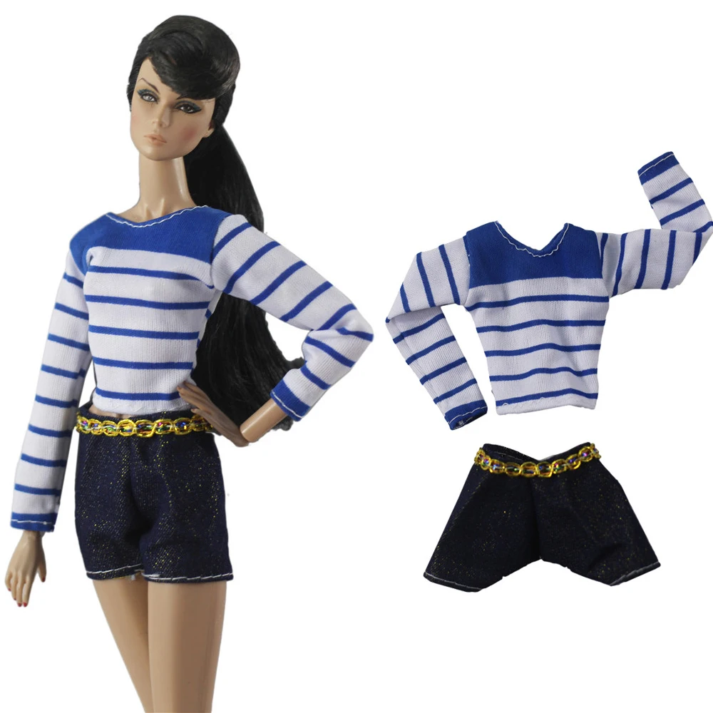 

NK Official 1 Set Fashion Daily Casual Outfit Blue Sripe T-shirt Jeans Pants Casual Clothes for Barbie Doll Accessories