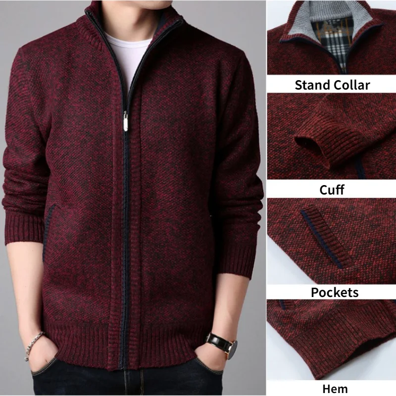 Men Stand-up Collar Knitted Sweater Coat Autumn Winter Thick Long Sleeve Cardigan Zip Up Jacket Fleece Warm Causal Clothing