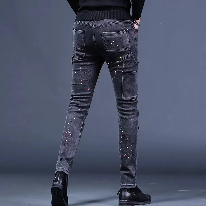Men Ripped Patches Black Gray Jeans Autumn Slim Fit Mens Pants Fashion Dots Printed Plaid Patchwork Stretch Denim Trousers